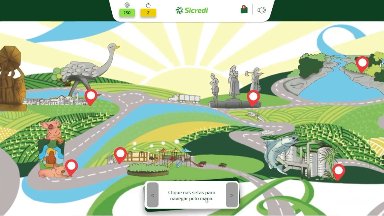 Mapa panorâmico usado como hub de navegação gamificado